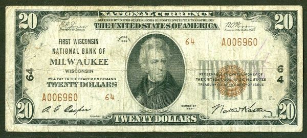 Milwaukee, WI, Ch.#64, 1929T2 $20, A006960, Fine